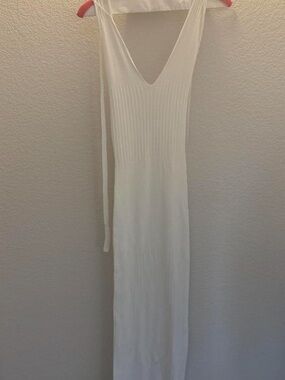 V-Neck Ribbed Maxi Dress in White